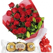 24 Bright Red Roses in Bouquet with free ferro rocher chocolate