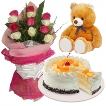 12 Mixed Roses Bouquet,Bear with peach mango cake