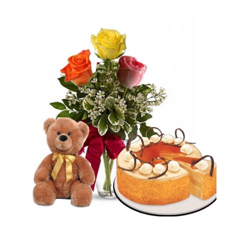 3 Roses Vase,Brown Bear with Dulce de Leche Cake